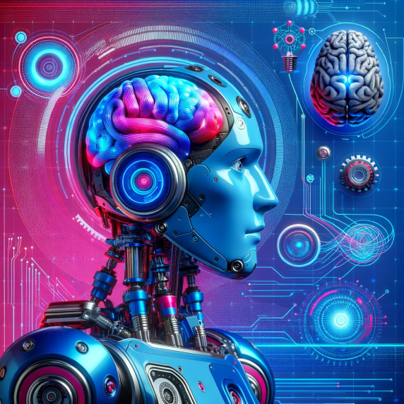 Ai generated image of an artistic representation of an robot with a section of its head displaying a colorful, brain-like structure, surrounded by futuristic digital interfaces.