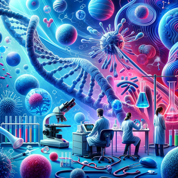 Ai generated image of an illustration of scientists working in a lab with oversized molecular structures and viruses, depicting a dynamic and colorful study of microbiology.
