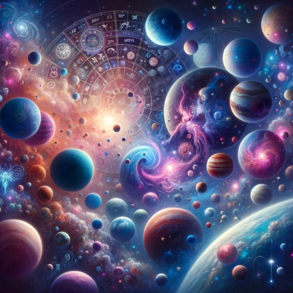 Ai generated image a surreal cosmic artwork featuring an array of planets, galaxies, and astrological symbols intertwined in a vibrant and colorful celestial scene.