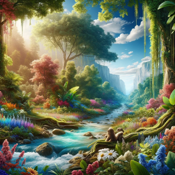 Ai generated image of a fantastical and verdant landscape with a clear blue stream, abundant colorful flora, and a serene atmosphere, reminiscent of a fairytale setting, displaying ecology.