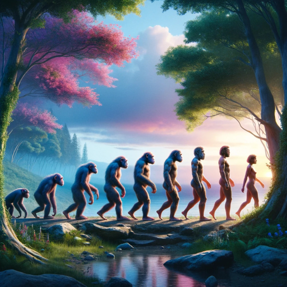 Ai generated image of an illustrative progression of human evolution from ape-like ancestors to modern humans in a line, set against a backdrop of a tranquil forest and lake at sunset.