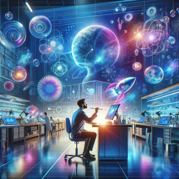 Ai generated image of a scientist contemplating in a futuristic lab with holographic images of atoms, cells, galaxies, and a rocket, symbolizing advanced scientific research and innovation.