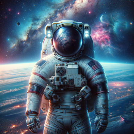 Ai generated image of an astronaut in a detailed spacesuit standing against a vibrant cosmic backdrop with stars and earth.