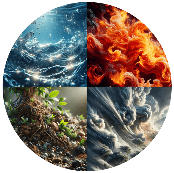 Circular collage of the four classical elements: water, flames, earth, and air.