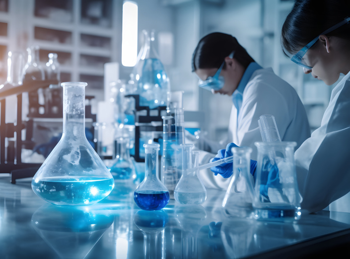Two scientists in a lab conducting experiments with various glassware containing liquids.