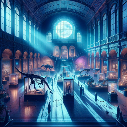 Ai generated image of a grand natural history museum with a dinosaur skeleton in the foreground at nighttime.