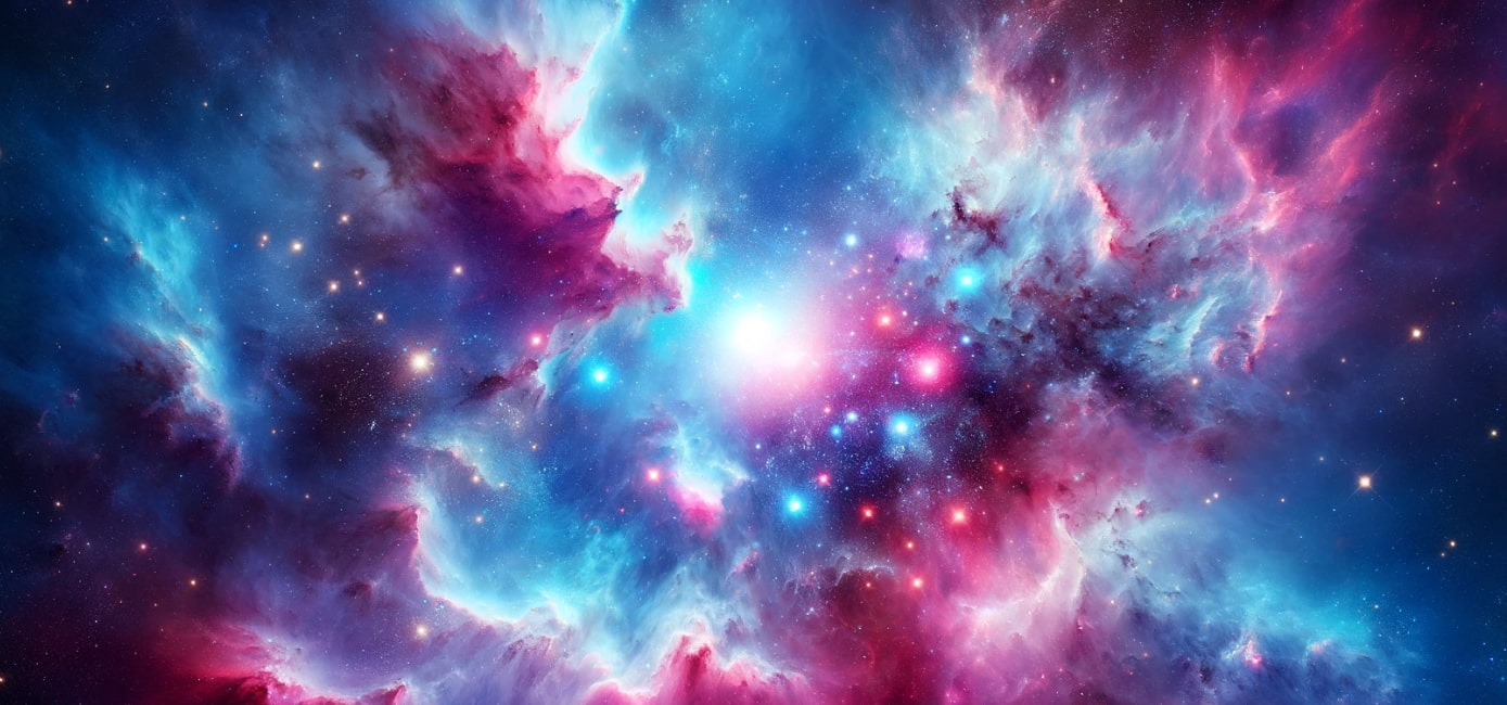 AI generated image of the expansive nebula with rich hues of blue, pink, and purple, speckled with stars, capturing the vastness of space.