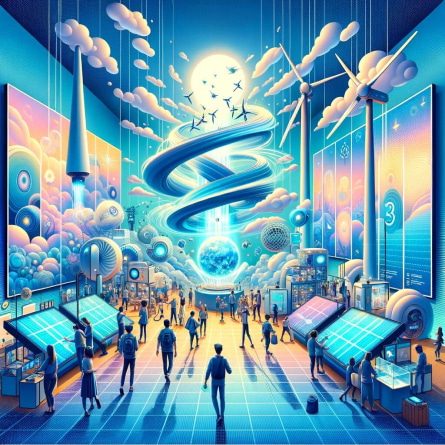 AI generated image of Futuristic exhibition with people, interactive displays, floating clouds, and planes flying overhead.